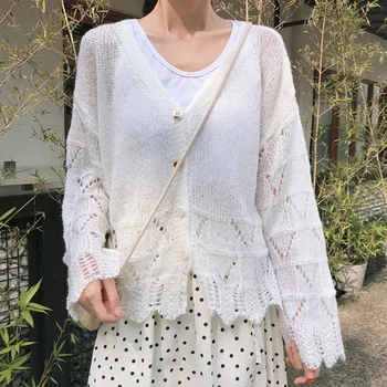 

Ladies Hollow Sweaters Long Sleeve Cardigans Thin Tops V-Neck Ruffles Solid Sweaters Single Breasted Knitted Tops