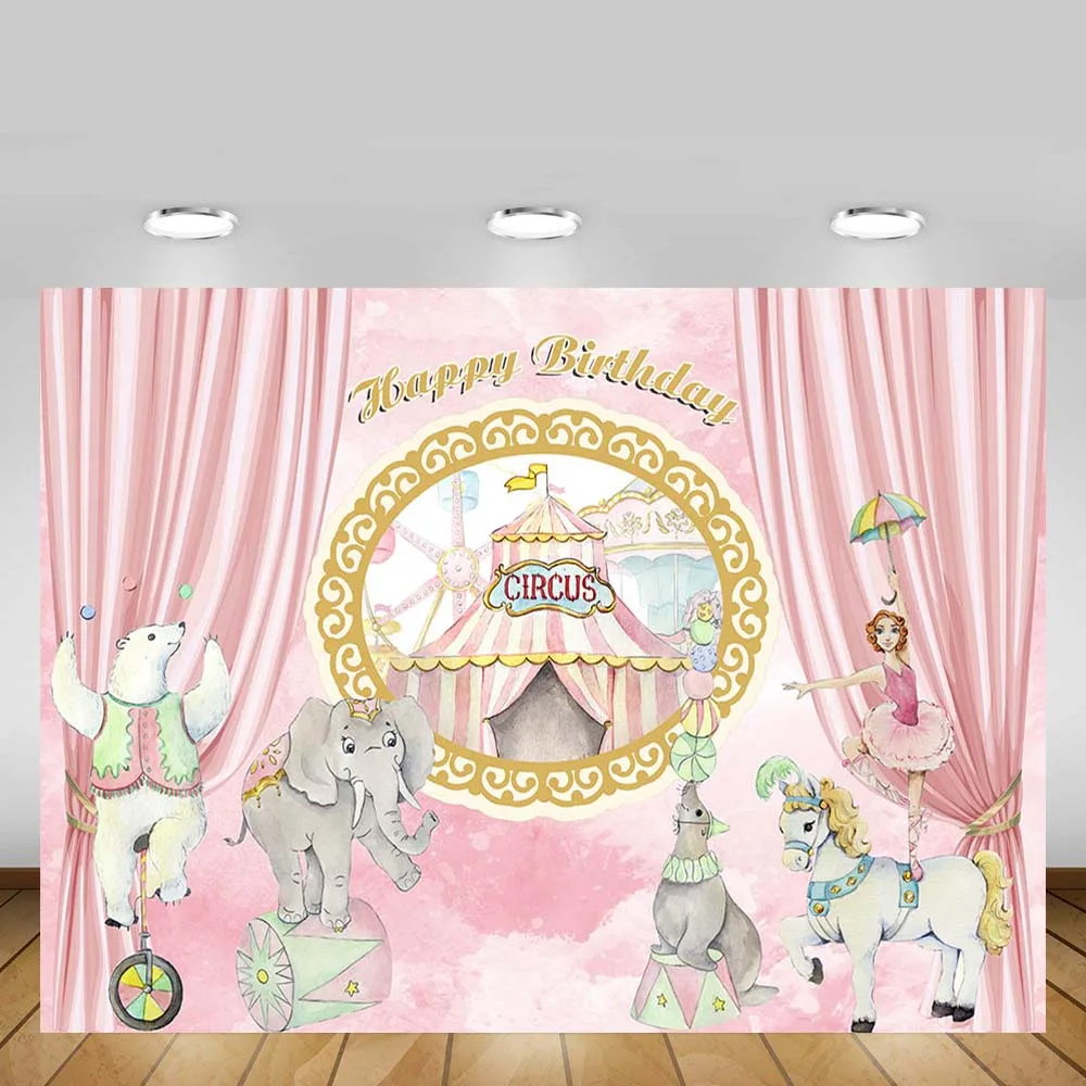 

Mehofond Circus Birthday Party Backdrop Pink Curtain Animals Girl Baby Shower Portrait Photography Background Decor Photo Banner