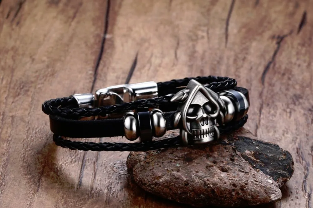 Mens Bracelets Braided Faux Leather & Skull Beaded Bracelet In Black Alloy Wristband Cuff Bangle Men Vintage Jewelry Accessories Pulseira Masculina 19