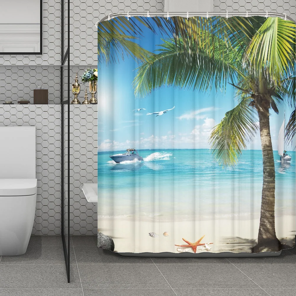 

Beach Coconut Tree Shower Curtain Hawaiian Style Polyester Bathroom Curtain with Hooks Waterproof Bathroom Accessories