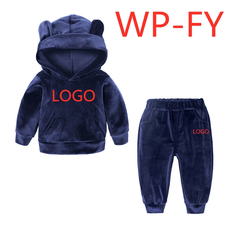 WP-FY, Модный осенне-зимний флисовый теплый свитер для мальчиков и девочек, Детский свитер с капюшоном, костюм, пуловер+ штаны - Цвет: Navy Blue