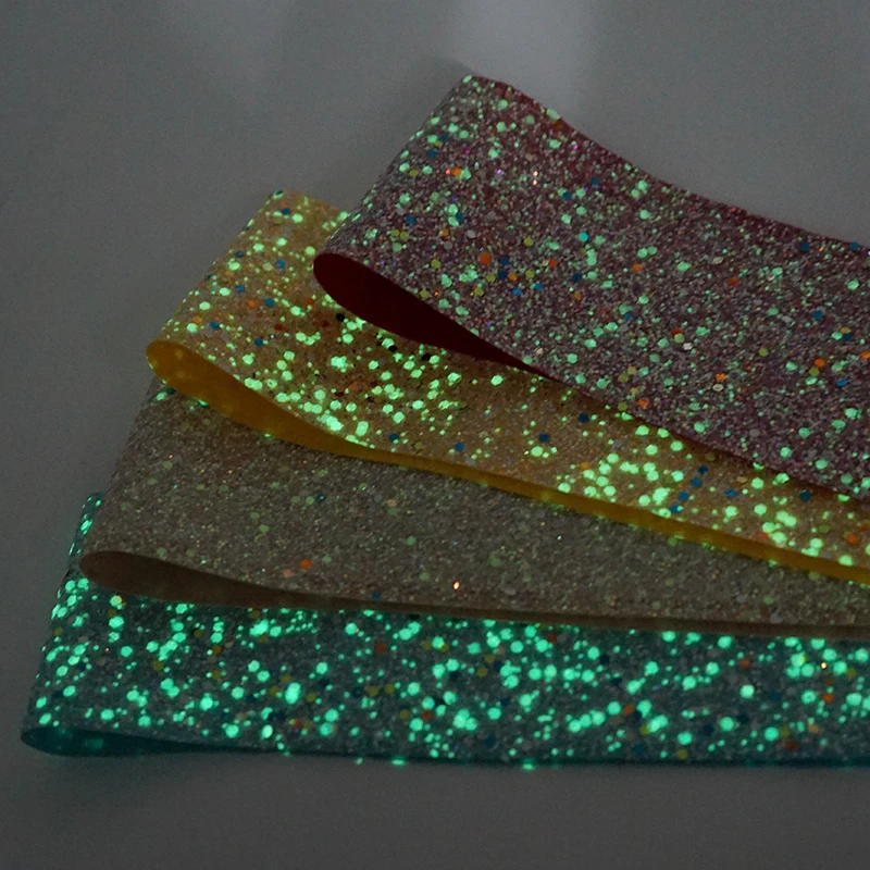 75mm 3 inch Colorful Noctilucent Glitter Chunky Glitter leather Ribbon glow in the dark ribbon