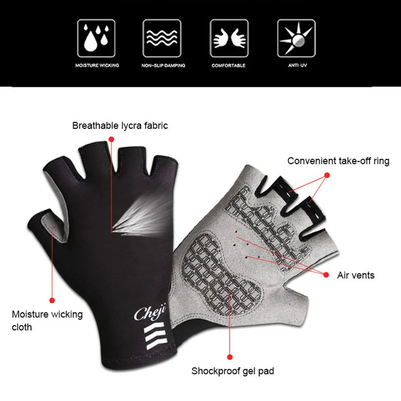 CHEJI Gel Pad Anti-skid Shockproof Bicycle Gloves Half Finger Breathable MTB Road Bike Glove Moisture Wicking Cycling Gloves