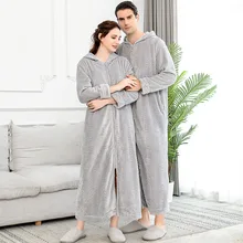 Men Extra Long Winter Warm Nightgown Plus Size Pregnant Zipper Sleepshirts Luxury Soft Grid Flannel Thermal Dressing Gown