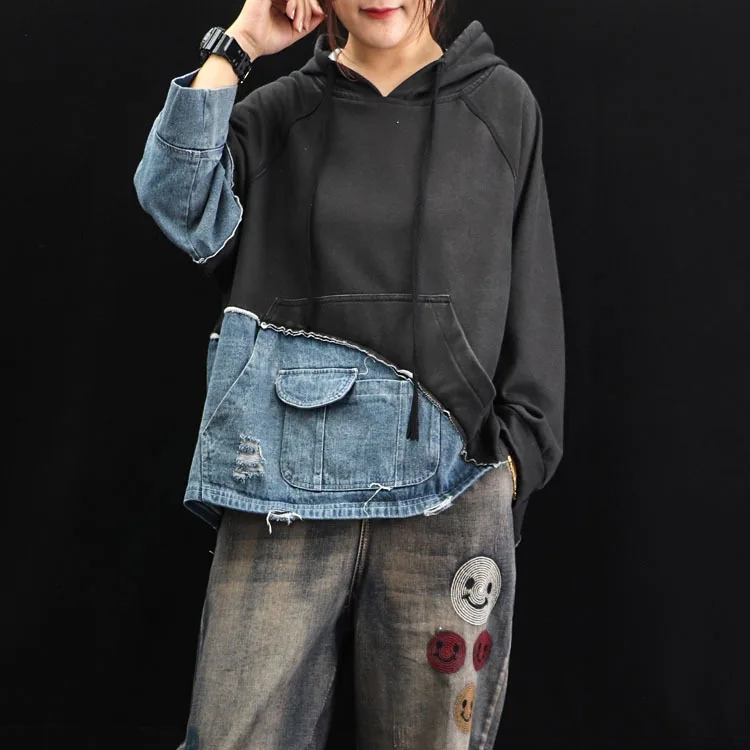 Max LuLu модная Корейская уличная женская осенняя одежда женские джинсовые толстовки с капюшоном винтажные женские панк толстовки - Цвет: Черный