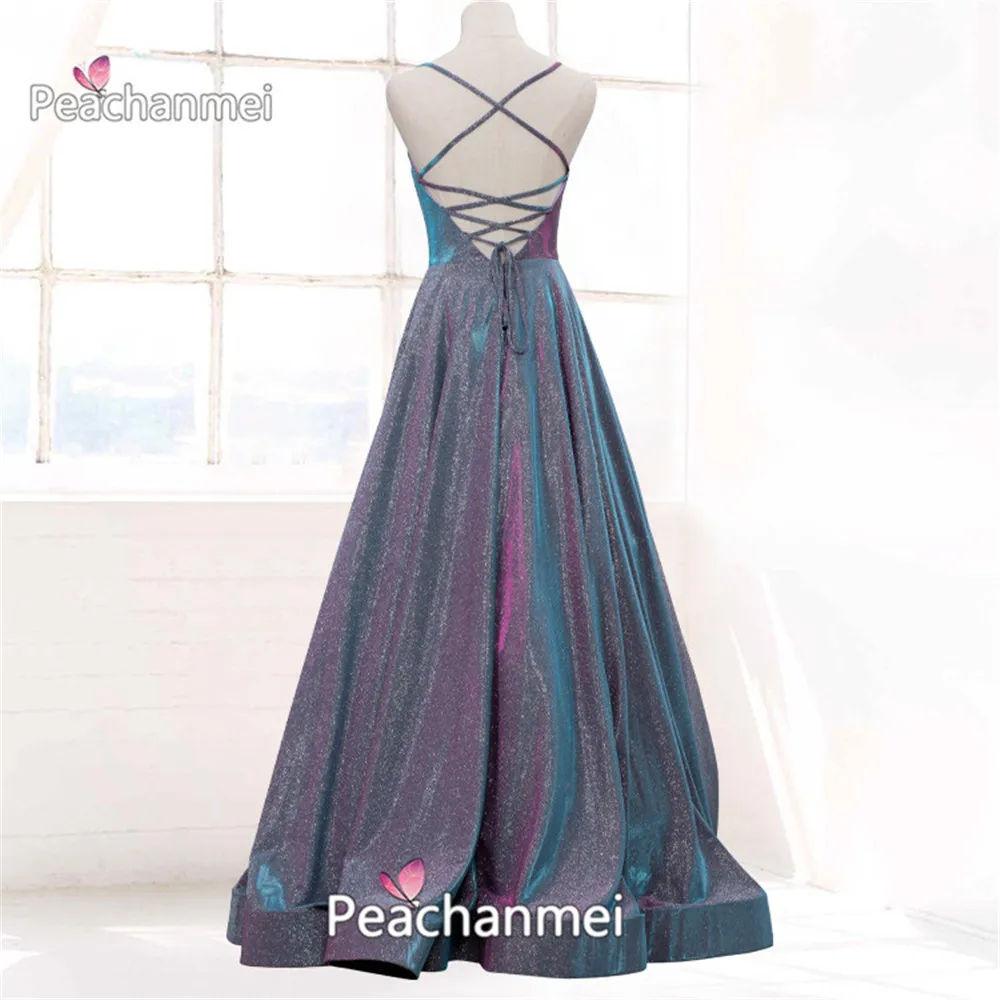 Real Photos Formal Evening Dress A Line Robe De Soiree Prom Dress Ombre Long Spaghetti Glitter Ball Gowns Backless Party Dress