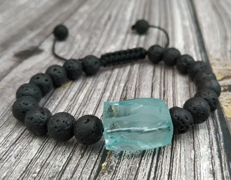 YA4042 Blue Glass Lava Stone Beads Knot Cord Bracelet Adjustable