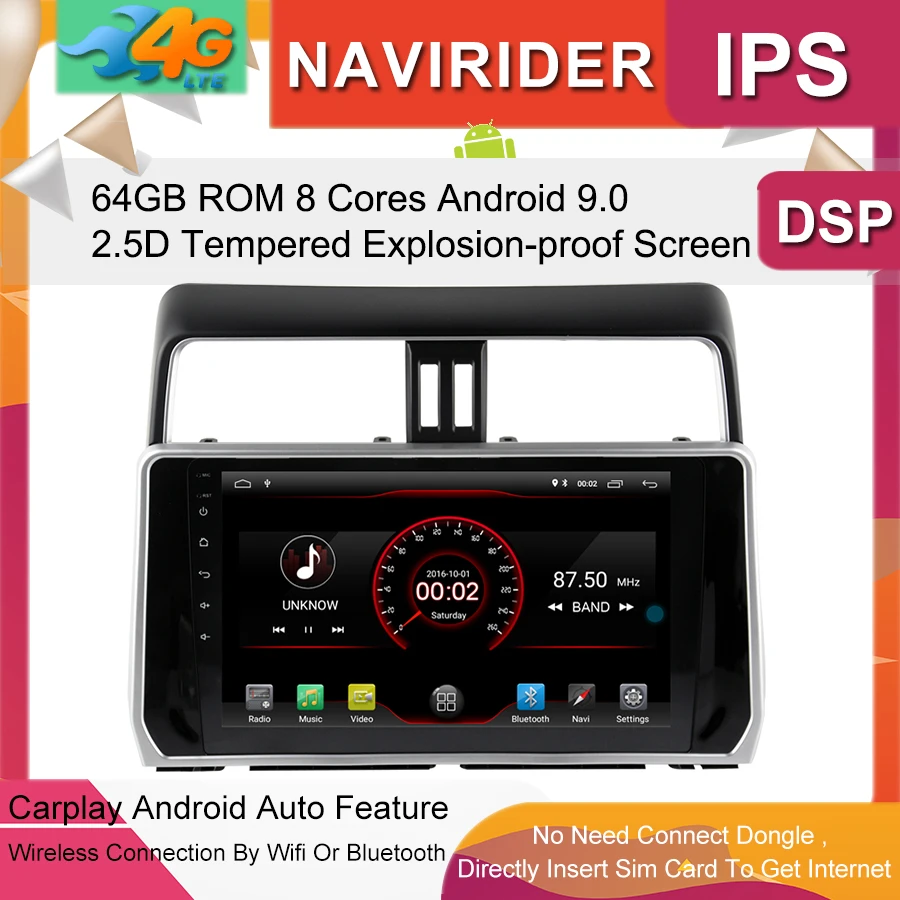 Автомобильный мультимедийный плеер 10,2 дюймов ips экран монитор gps магнитофон Bluetooth Android 9,0 для Toyota PRADO Авто Аудио