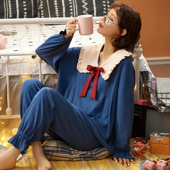 

2020 Autumn New Style Princess Style Long Sleeve Students Pajamas Female Sweet Cartoon GIRL'S Peter Pan Collar Clothing Case