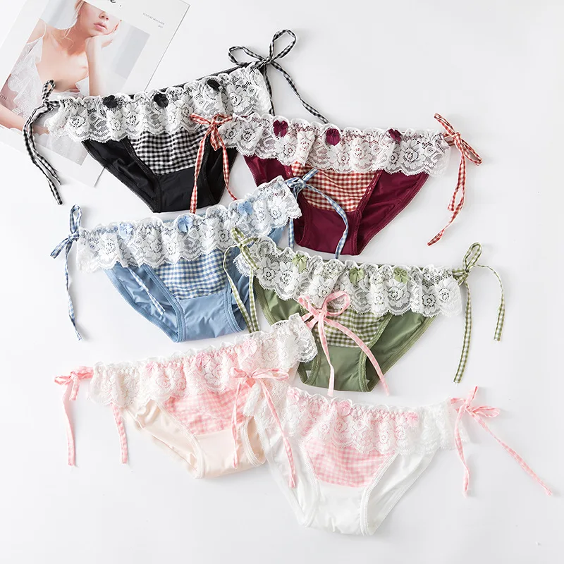 Ropa interior femenina japonesa a cuadros con encaje de hojas de loto, ropa interior bonita para niña con parte inferior de algodón, nalgas cómodas|Bragas para mujer| - AliExpress