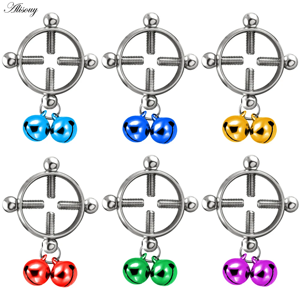 Alisouy 1PC Women Breast Nail Screw Bell Pendant Round Nipple Ring Shield Body Piercing Jewelry Nickel-free Fake Surgical Steel