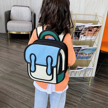 

3D Jump Style 2D Drawing Kids Cartoon Backpack School Comic Bookbag L9BE