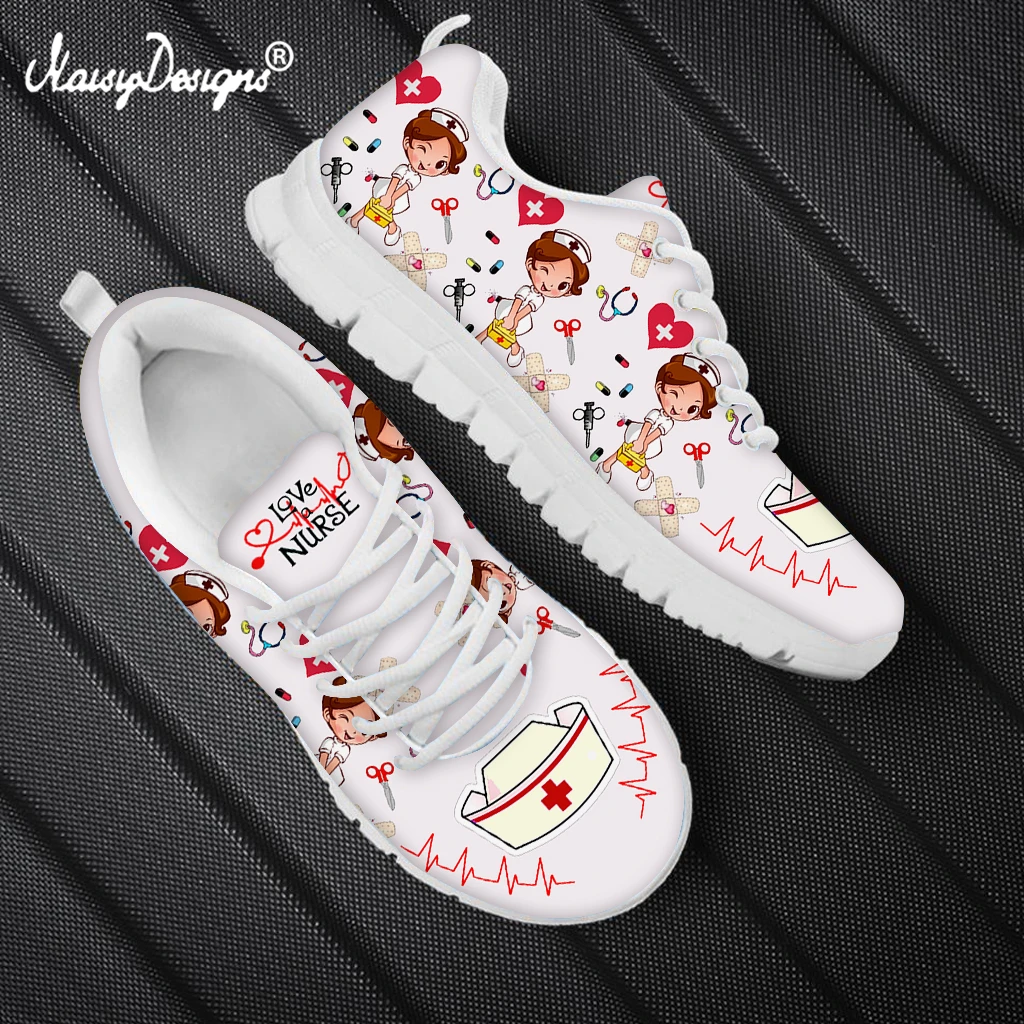 

Noisydesigns Pretty Cartoon Nurse Pattern Ladies Flat Shoes Breathable Soft Sneaker Lace up Footwear Plus Size Non-Slip Zapatos