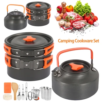 

Camping Cookware Kit Outdoor Aluminum Cooking Set Water Kettle Pan Pot Travelling Hiking Picnic BBQ Tableware Equipment