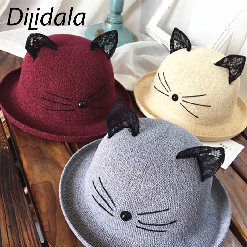 Dilidala, осенняя женская шапочка с кошачьими ушками для женщин, уличная Солнцезащитная шляпа от солнца, милая детская шапка для бассейна, одноцветная шапка-ведро для женщин