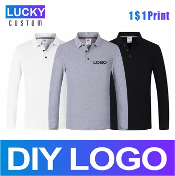 Polo da uomo in cotone pettinato 100% manica lunga stampa personalizzata stampa personalizzata ricamo Logo confortevole camicia tinta unita