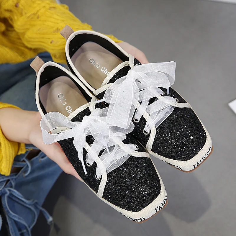 

Korean-style Square Head Shoes Women's New Style Sweet Sequin Ribbon Bandage Cloth Flat Sport Sneakers Fashion
