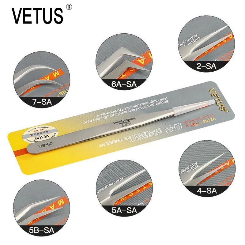 

VETUS 1Piece SA Series Stainless Steel Hyperfine High Precision Antimagnetic Anti Acid Tweezers Pro Tool for Eyelash Extension