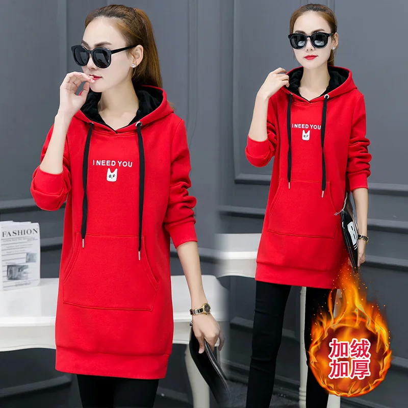 

2019 Autumn And Winter New Style Korean-style Large Size Dress GIRL'S Students Loose-Fit Hooded Pullover Mid-length plus Velvet