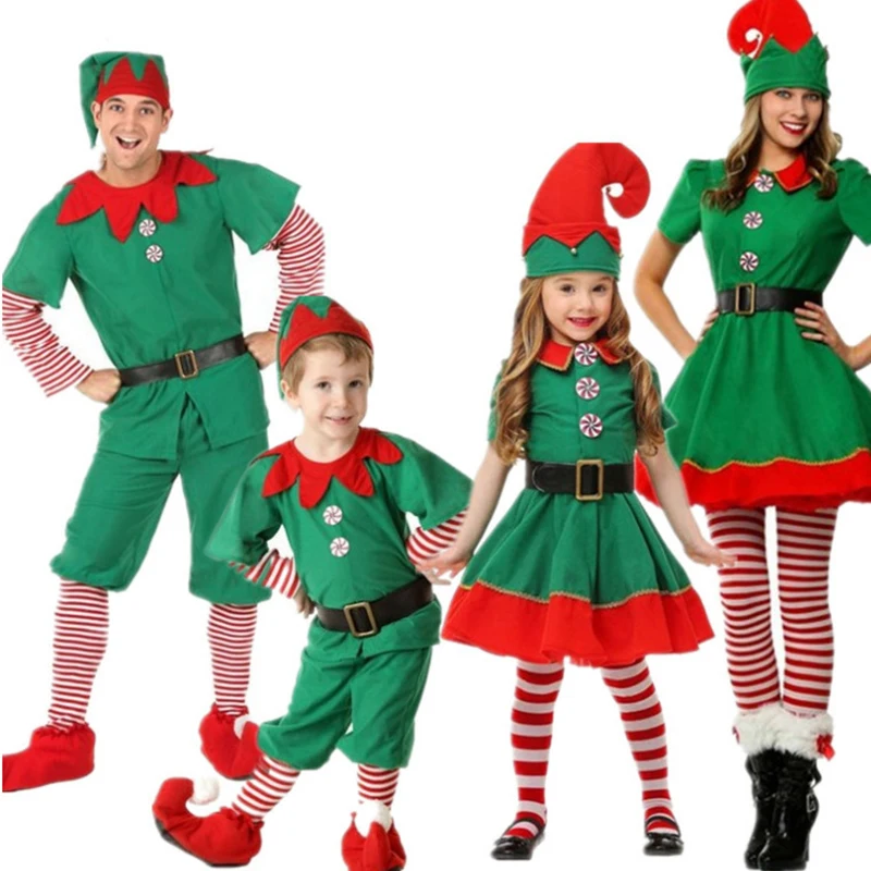 Карнавальные костюмы Санта-Клауса на год и Рождество; зеленое платье эльфа с поясом для детей и взрослых; семейный костюм; Мужские карнавальные вечерние костюмы