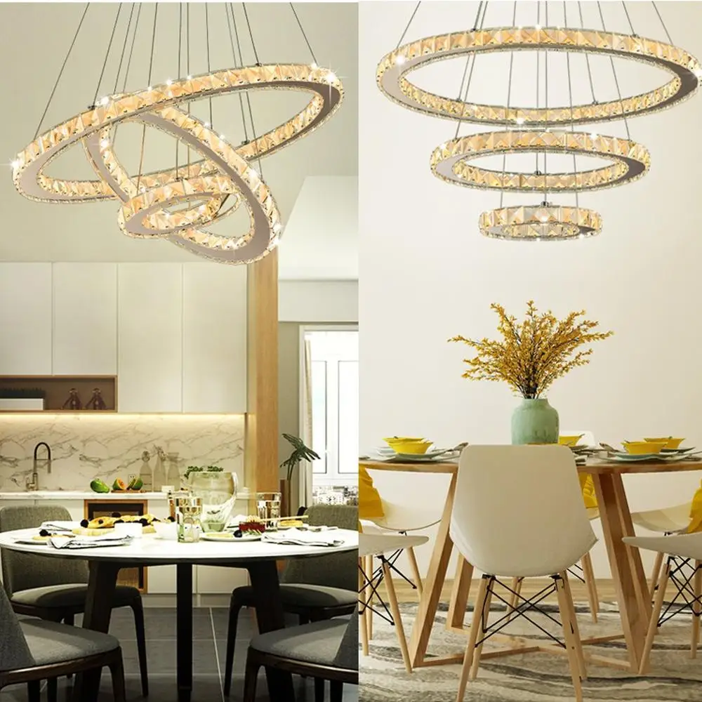 

New Dimmable Crystal LED Pendant Light Home Living Room Bedroom Tri-Ring Chandelier LED Ceiling Lamp Light White