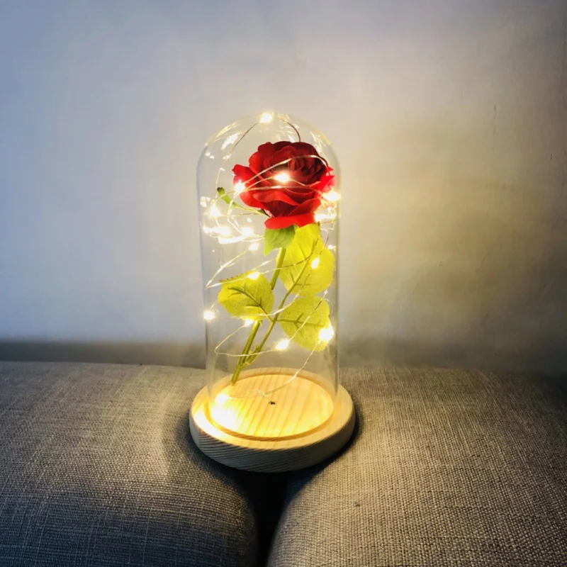 Glass Dome Light Silk Sesame Flower Lights Beauty And The Beast Enchanted Rose Glass LED Lighted Wedding Home Decor Gift