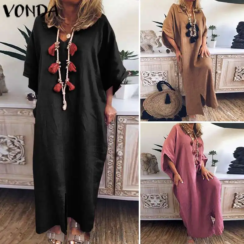 VONDA летние Для женщин Повседневное однотонные Цвет Повседневное длинное платье Винтаж полной длины платья платье vestidos Femme