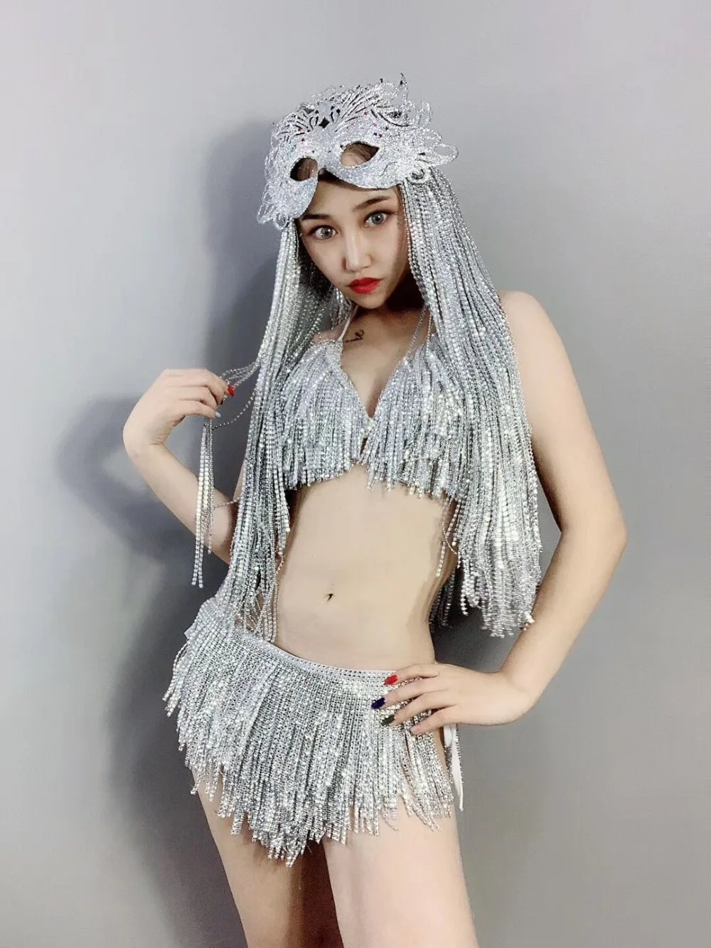 Мода 2 стиля Серебряные Камни полная бахрома бюстгальтер короткий комплект одежды Женское боди для певицы бар для танцора DS бикини комплект нижнего белья