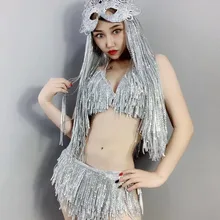 Мода 2 стиля Серебряные Камни полная бахрома бюстгальтер короткий комплект одежды Женское боди для певицы бар для танцора DS бикини комплект нижнего белья