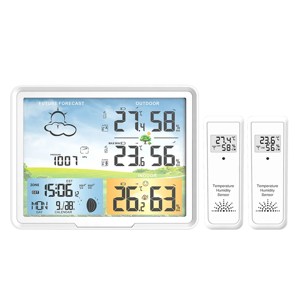 Weather Station Wireless Indoor Outdoor Multiple Sensors, Digital Atomic  Clock Weather Thermometer, Temperature Humidity Monitor Forecast Weather  Stations with Moon Phase
