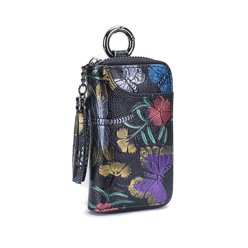 

Flower Genuine Leather Key Wallet Woman Holder Keychain Pouch Purse Zipper Design Coin Purse Pocket Cash Walet Slim Vallet Women