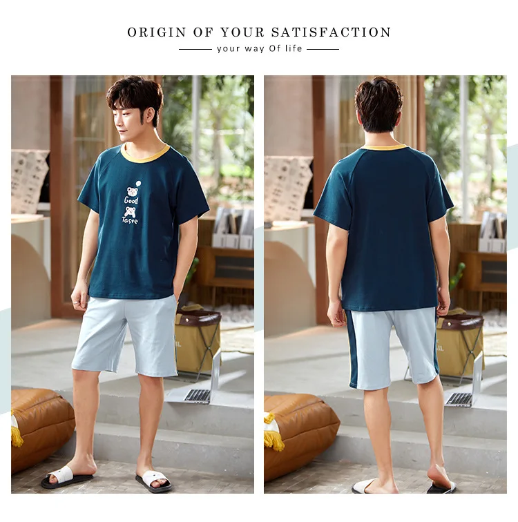 Summer Cotton Pajamas Sets Fashion Blue Short Sleeve Couple Sleepwear Leisure Plus Size Men's Homewear Korean Cute Women Pajamas ladies pyjamas sets