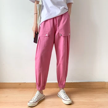 

summer Cargo trousers Women Elastic Waist Casual Pants High Waist Casual Green Pink Black Pants for women leisure sweatpants New
