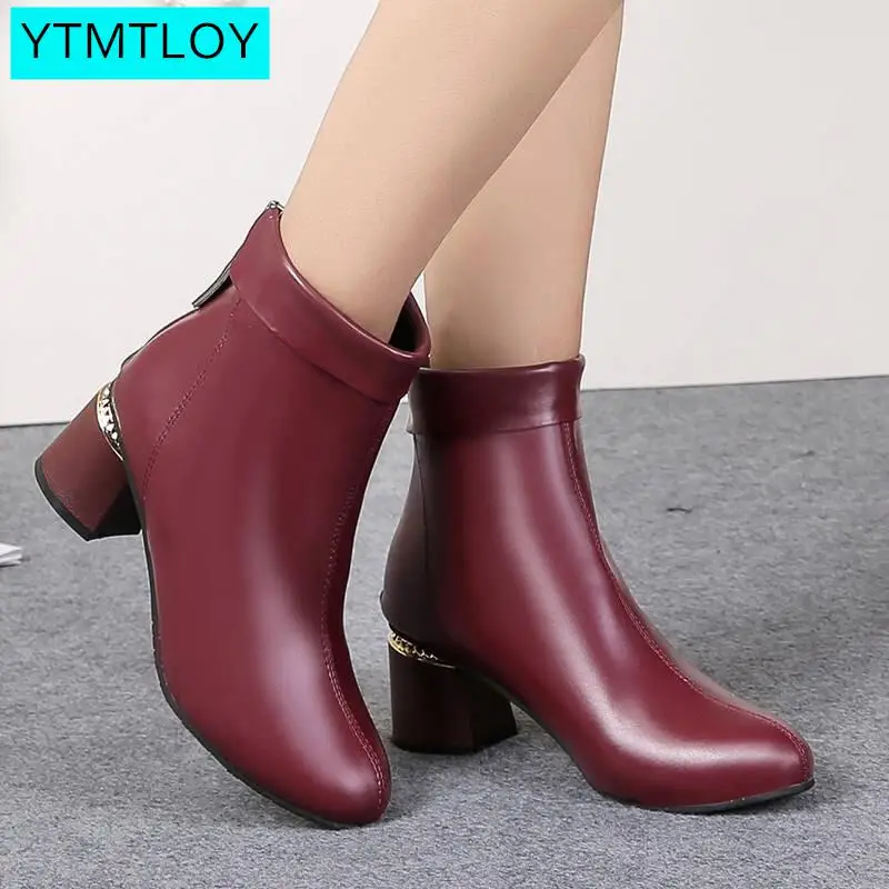 

2019 Plush Ankle Boots Winter Women Square Heel Chelsea Boots England Style High Heel Shoes Female Cow Leather Genuine Leather