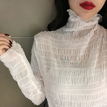 

Women Elasticity Soft Pleated Mesh Turtleneck Tee Shirts Blouses Girls Full Sleeve Basic Thin Tops Shirts For Female 2020
