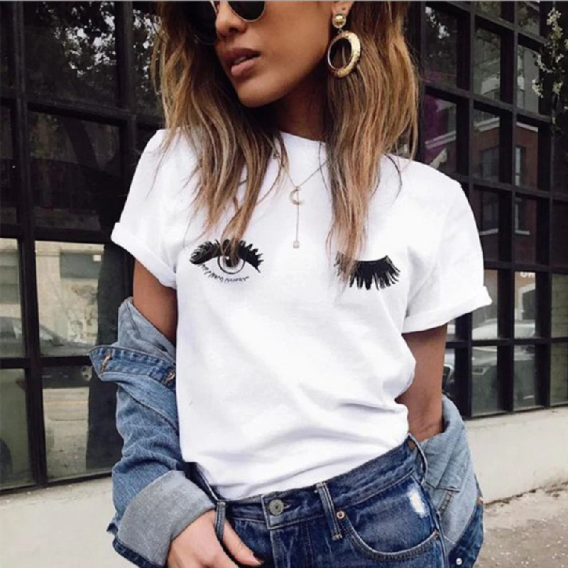 

2020 New Summer Women Cotton O-Neck Short Sleeve Solid Color T-shirts Female Fashion Casual High Quality Eyes Printing Tees QX96