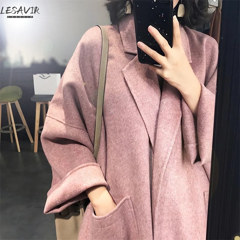 

2020 Winter Female Plus Size Woolen Coat Haze Blue Double-sided Cashmere Coat Women's Loose Pink Mid-length Jacket