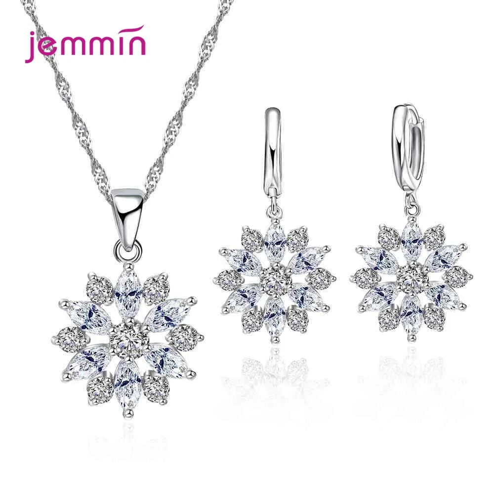 New Design 925 Silver  Hoop Earrings Necklace Jewelry Set Cubic Zircon Crystal Flower Pendant for Women Wedding Gift