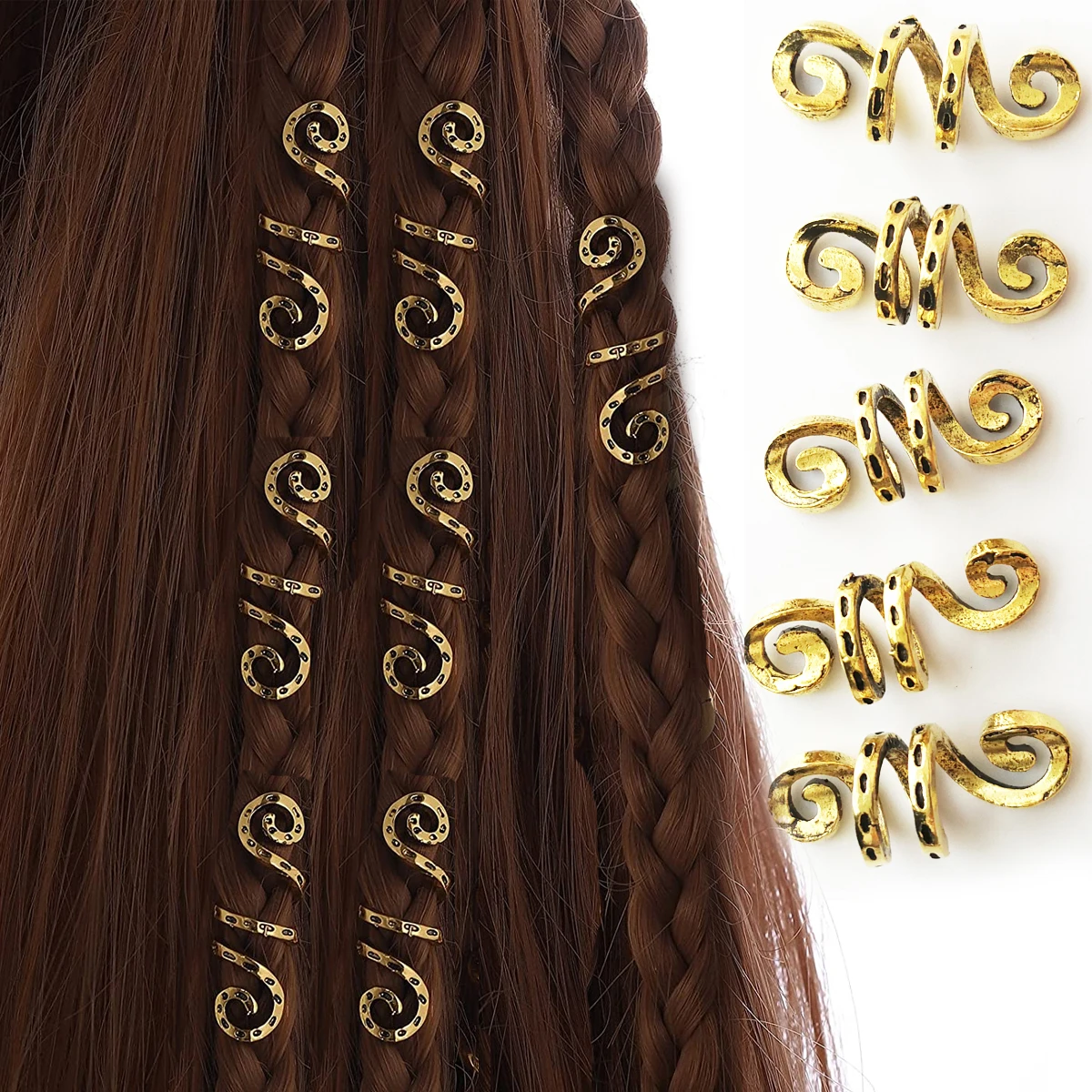 5Pcs Golden Silver Viking Spiral Charms Hair tubes Braid Dread Dreadlock Beads Clips Cuffs Rings Jewelry Hair Accessories woman 3