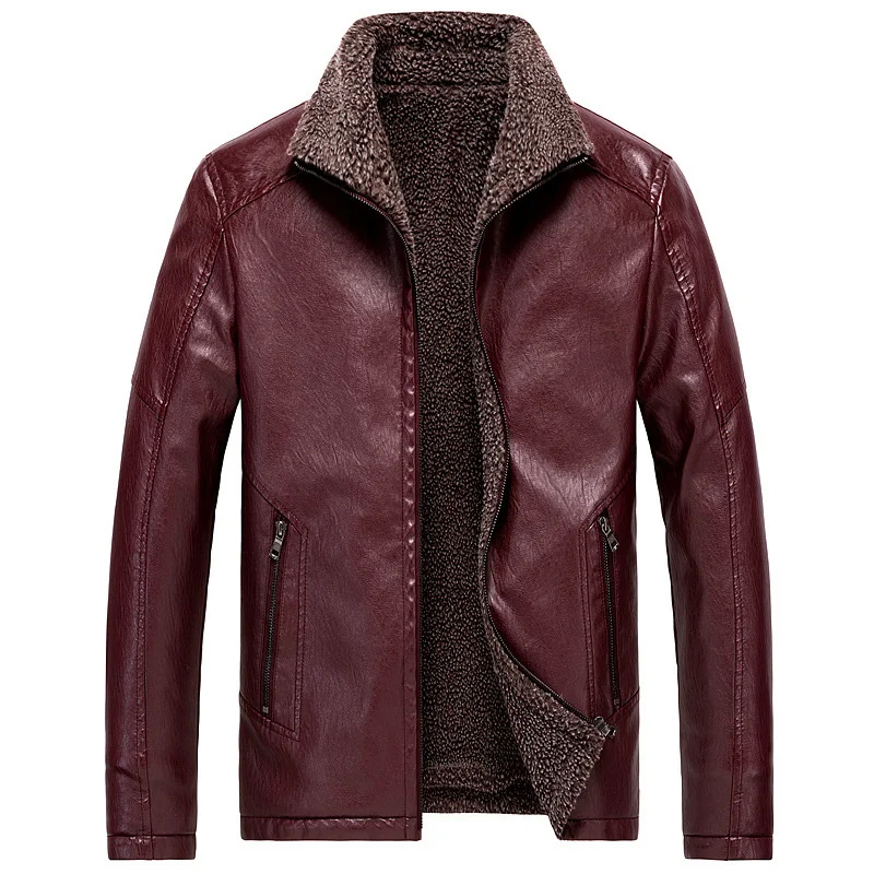 Мужское зимнее новое пальто, Повседневная теплая куртка на молнии с отворотом из искусственной кожи, облегающее байкерское мотоциклетное пальто, верхняя одежда, однотонное пальто с длинным рукавом