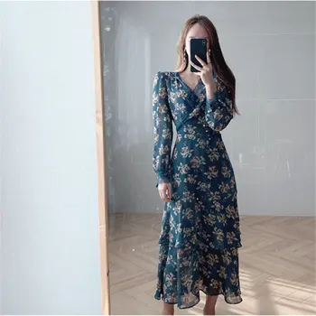 

HziriP Early-Spring Lace Light Chic Women 2020 New Stylish V-Neck Basic Print Floral A-Line Loose Chiffon Elegant Dresses