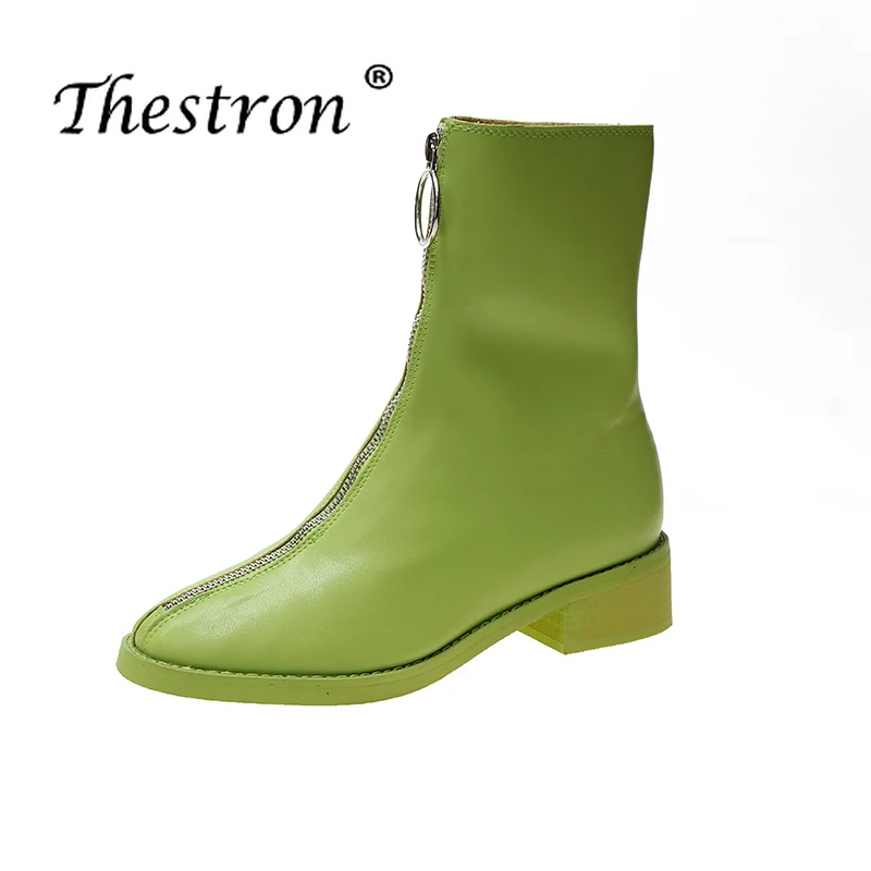 2019 Autumn New Fashion Front Zipper Ladies Boots Girls Beige Green Low with Single Shoes Short Boots Women
