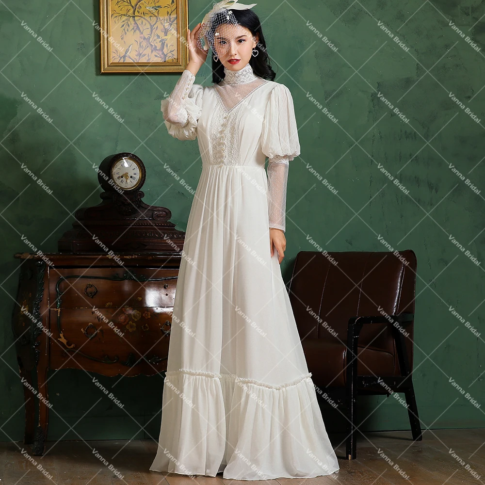 Victorian High Neck Chiffon A Line Bridal Gown Pearl Floor Length Long  Lantern Sleeve Lace Plus Size Pleats Muslim Wedding Dress - Wedding Dresses  - AliExpress