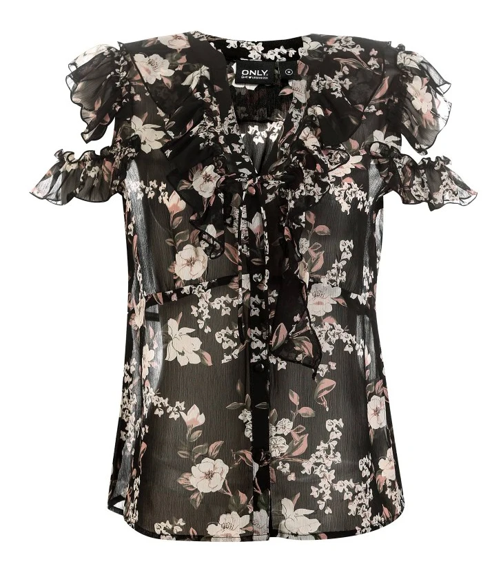 ONLY Womens Ruffled V-neckline Floral Short-sleeved Chiffon Shirt | 119104501