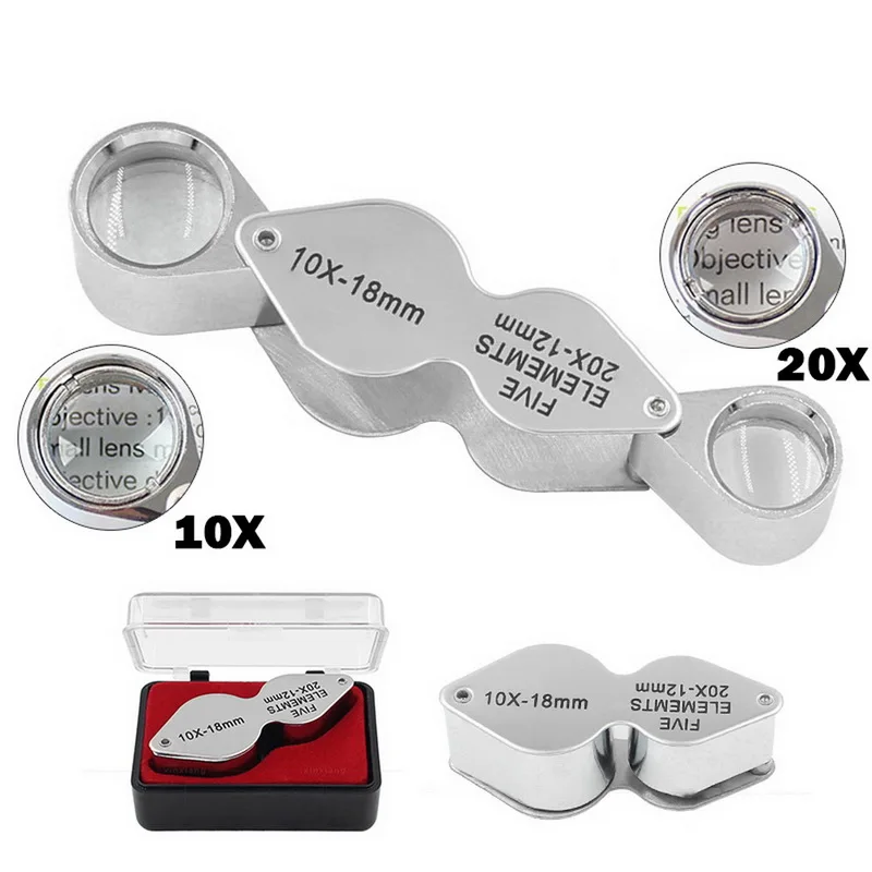 

Portable 20X 10X Power 21mm Jewelers Foldable Magnifier Gold Eye Loupe Jewelry Coins Stamps Dual Magnifying Glass