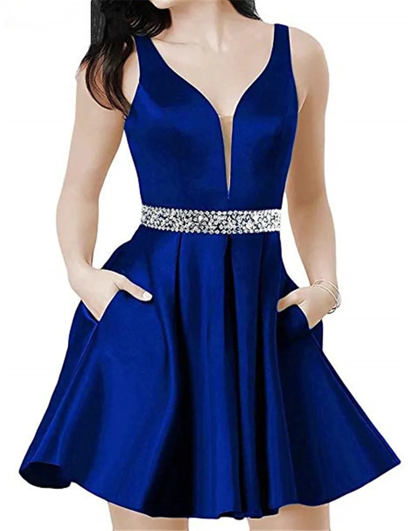 Royal Blue JaneVini сексуальный v-образный вырез Королевского синего цвета, короткие платья с карманами для выпускного вечера линии без рукавов атласный с бисером платья для детей плюс размер - Цвет: Royal Blue