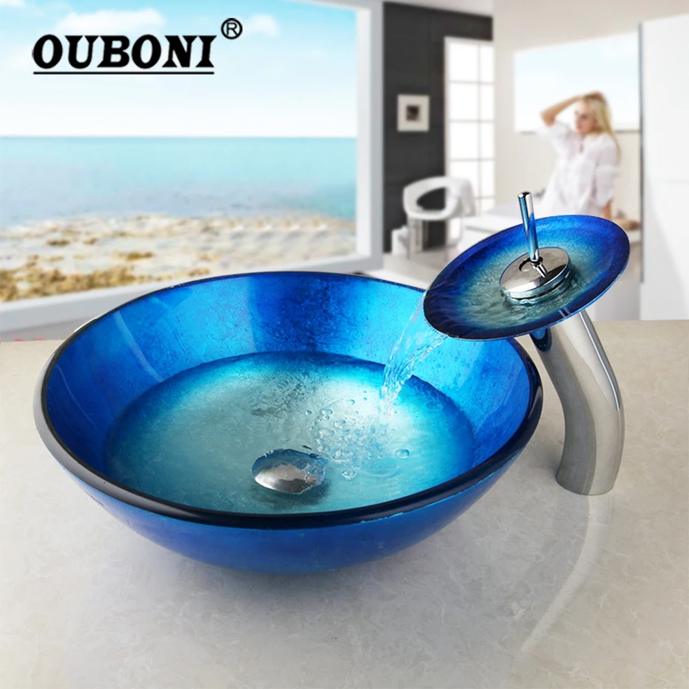 US Round Tempered Glass Bathroom Vessel Sink Basin Bowl Drain Faucet Combo Set