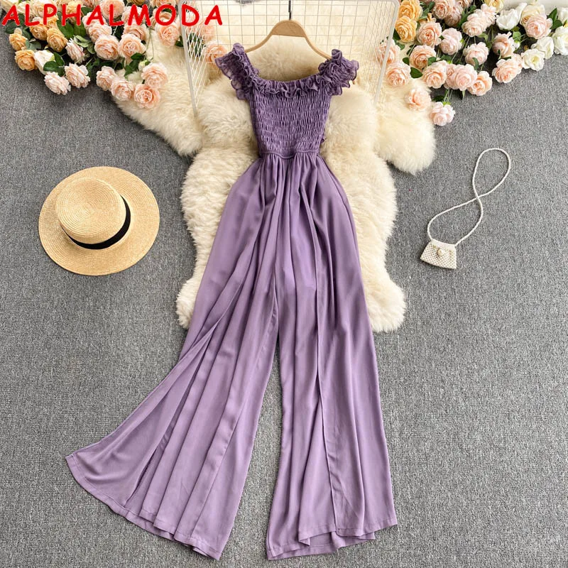 ALPHALMODA 2021 Sweet Off Shoulder Stretch Slim Waist Split Wide Leg Jumpsuit Women's Vacational Holiday Overall Outfit |