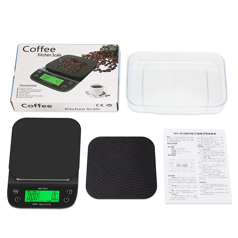 3kg 0.1g Digital Coffee Kitchen Scale Timer LCD Drip Scales With Bowl Food Cooking Baking Steelyard Weight Balance Green Backlit