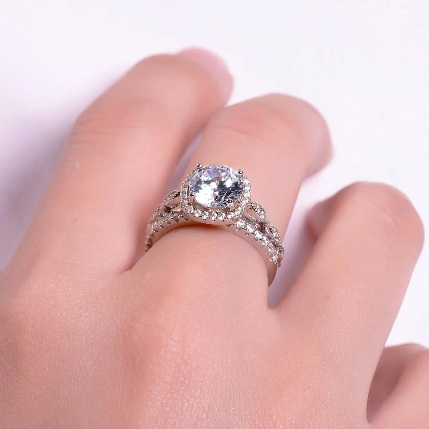 GEM'S BALLET 2.0Ct 8mm EF Color Half Eternity Halo Moissanite Engagement Rings Set 925 Sterling Silver Jewelry For Women Wedding |